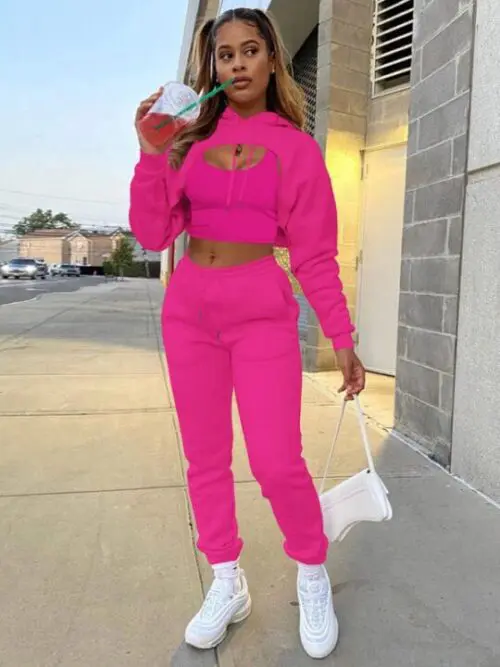 Drawstring Solid Color Hoodie Long Sleeve Drawstring Trousers Vest Three-Piece Suit
