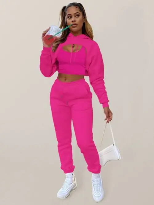 Drawstring Solid Color Hoodie Long Sleeve Drawstring Trousers Vest Three-Piece Suit