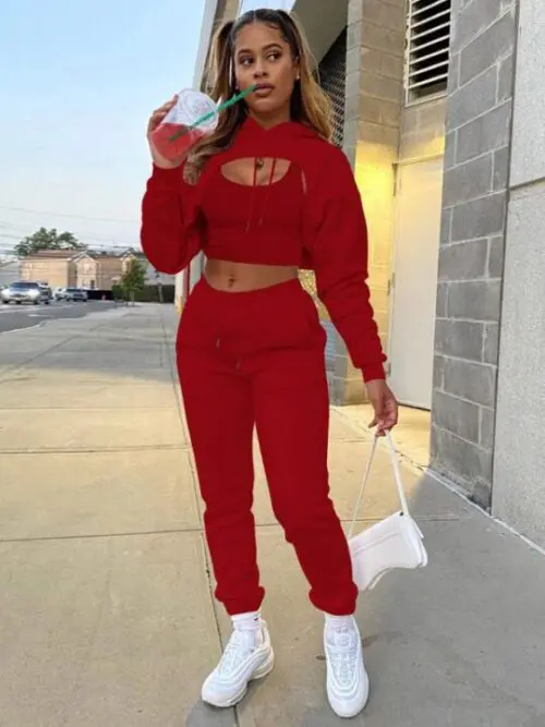 Drawstring Solid Color Hoodie Long Sleeve Drawstring Trousers Vest Three-Piece Suit