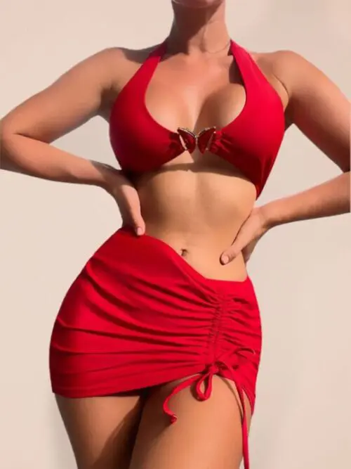 Women’s Solid Color One-Piece Swimsuit and Sexy Bikini Set