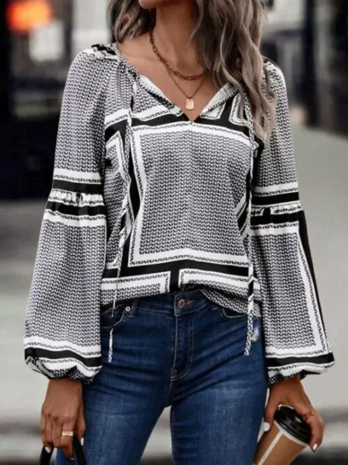 Printed Shirt with Fashionable Balloon Sleeves
