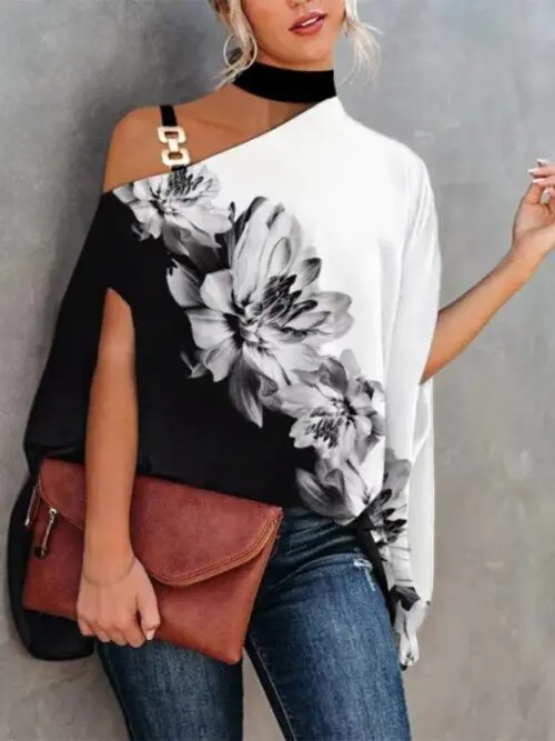 Dolman Sleeve Halter Neck Print Shirt Stylish Blouse