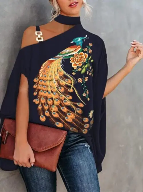 Dolman Sleeve Halter Neck Print Shirt Stylish Blouse