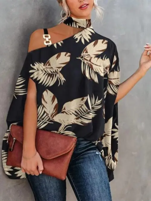 Dolman Sleeve Halter Neck Print Shirt Stylish Blouse