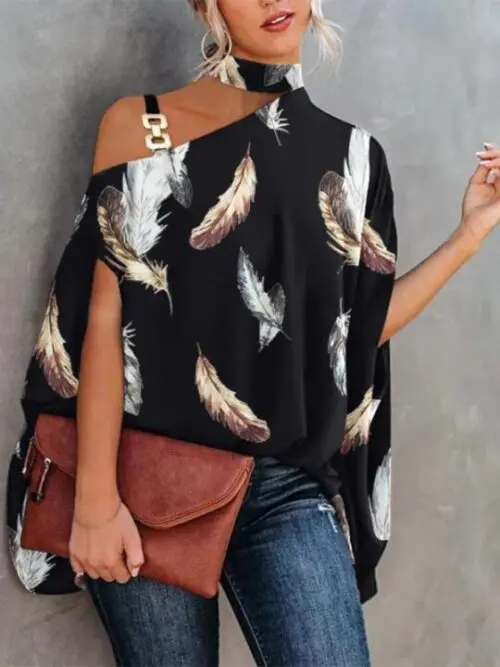 Dolman Sleeve Halter Neck Print Shirt Stylish Blouse