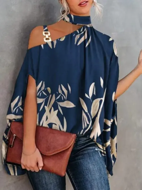 Dolman Sleeve Halter Neck Print Shirt Stylish Blouse