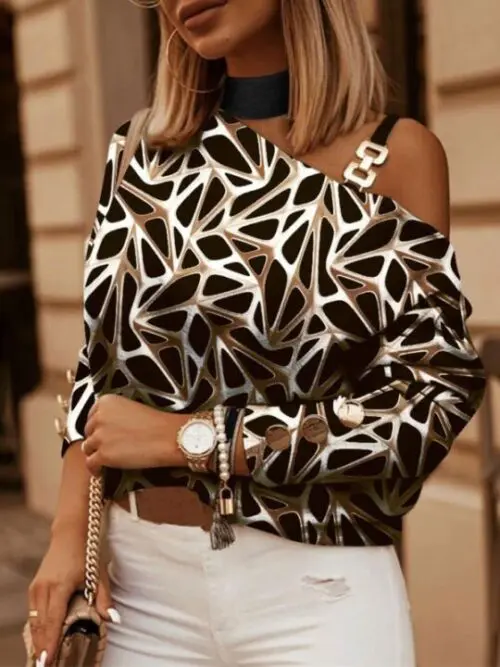 Chic Geometric Checkered Print Long Sleeve Halter Top with Chain Details