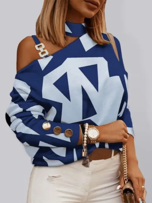 Chic Geometric Checkered Print Long Sleeve Halter Top with Chain Details
