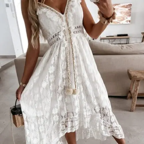 Elegant Solid Color Lace Slip Dress