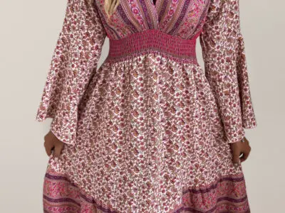 Bohemian Elegance V-Neck Long Sleeve Maxi Dress
