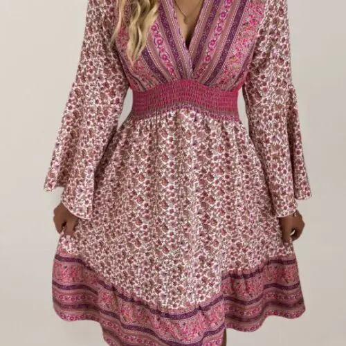 Bohemian Elegance V-Neck Long Sleeve Maxi Dress