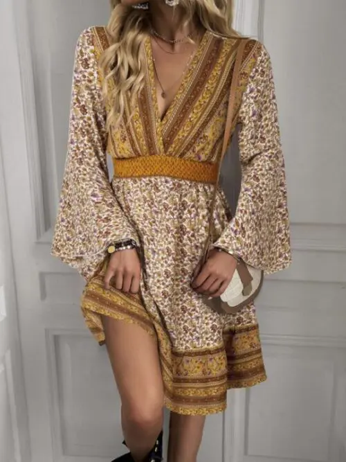 Bohemian Elegance V-Neck Long Sleeve Maxi Dress