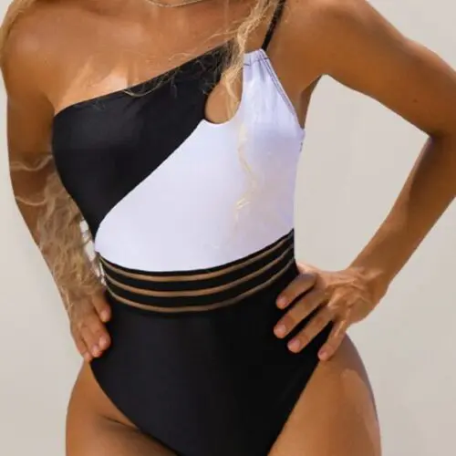 Cute One-Shoulder Swimsuit for Women with Stylish Colorblock Design
