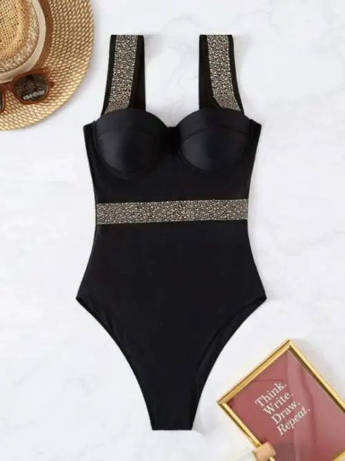 Rivet Decor Push-Up One-Piece Swimwear for Women