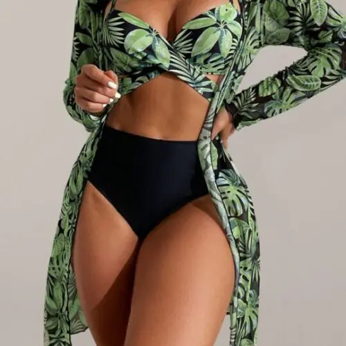 Tropical Oasis, Three-Piece Bikini Set with Vibrant Print