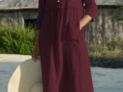 Round Neck Button Pocket Cotton Linen Long Sleeve Solid Color Dress