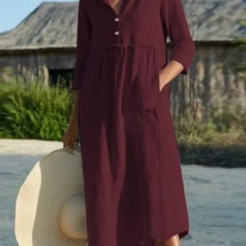 Round Neck Button Pocket Cotton Linen Long Sleeve Solid Color Dress