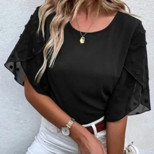 Round Neck Short Sleeve Top with Lace Paneling in Solid Color