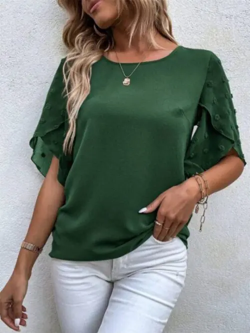 Round Neck Short Sleeve Top with Lace Paneling in Solid Color