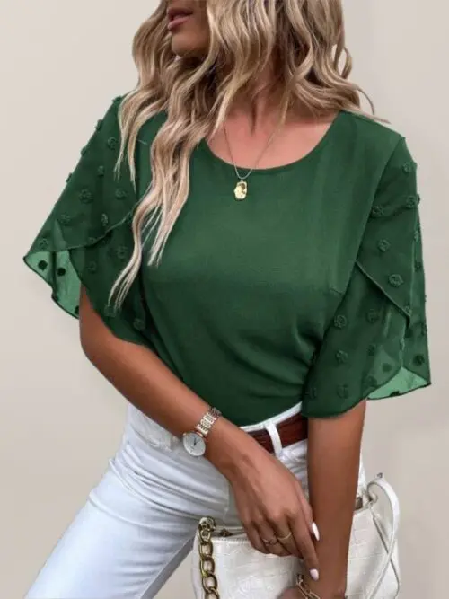 Round Neck Short Sleeve Top with Lace Paneling in Solid Color