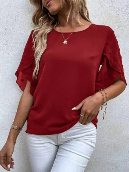 Round Neck Short Sleeve Top with Lace Paneling in Solid Color