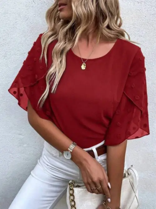 Round Neck Short Sleeve Top with Lace Paneling in Solid Color