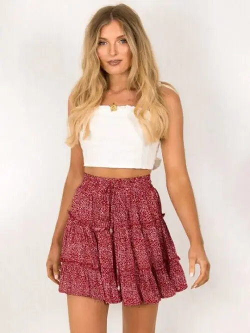 High Waist Ruffled Floral Printed A-Line Skirt for Women