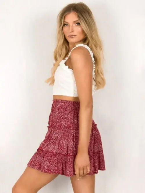 High Waist Ruffled Floral Printed A-Line Skirt for Women