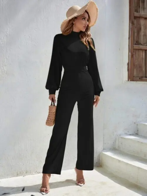 Solid Color Turtleneck Open Back Long Sleeve Jumpsuit