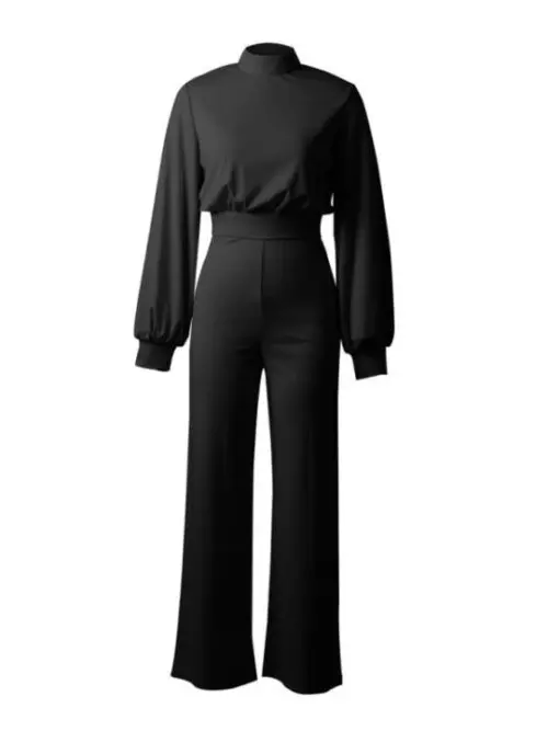 Solid Color Turtleneck Open Back Long Sleeve Jumpsuit