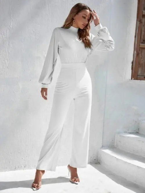 Solid Color Turtleneck Open Back Long Sleeve Jumpsuit