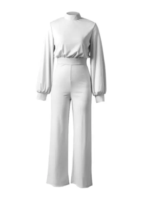 Solid Color Turtleneck Open Back Long Sleeve Jumpsuit
