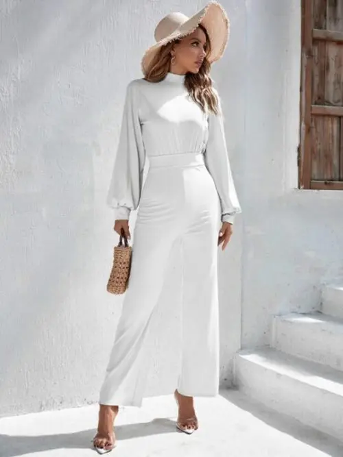 Solid Color Turtleneck Open Back Long Sleeve Jumpsuit