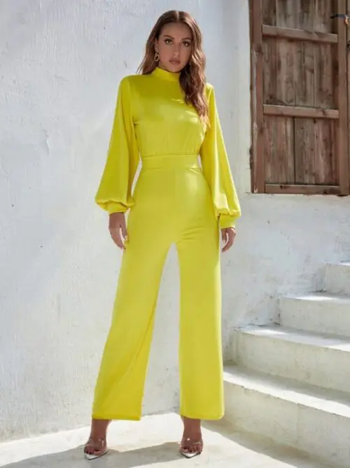 Solid Color Turtleneck Open Back Long Sleeve Jumpsuit