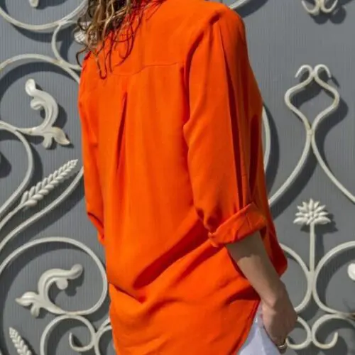 Deep V-Neck Chiffon Shirt with Long Sleeves and Button Closure