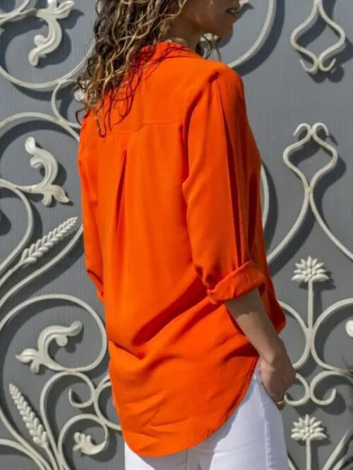 Deep V-Neck Chiffon Shirt with Long Sleeves and Button Closure