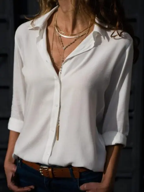 Deep V-Neck Chiffon Shirt with Long Sleeves and Button Closure