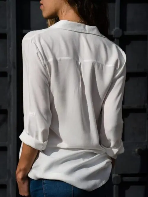Deep V-Neck Chiffon Shirt with Long Sleeves and Button Closure