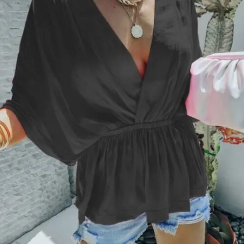 Cotton V-Neck Short-Sleeved Shirt with Elastic Waist for Casual Fashion