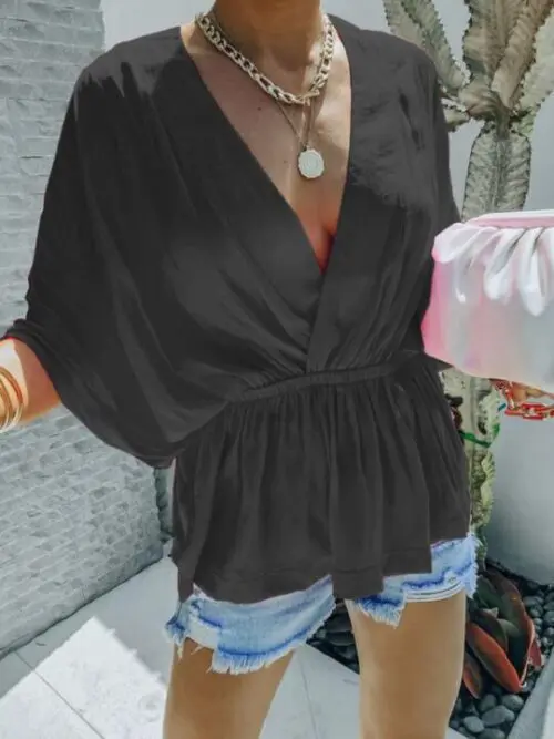 Cotton V-Neck Short-Sleeved Shirt with Elastic Waist for Casual Fashion