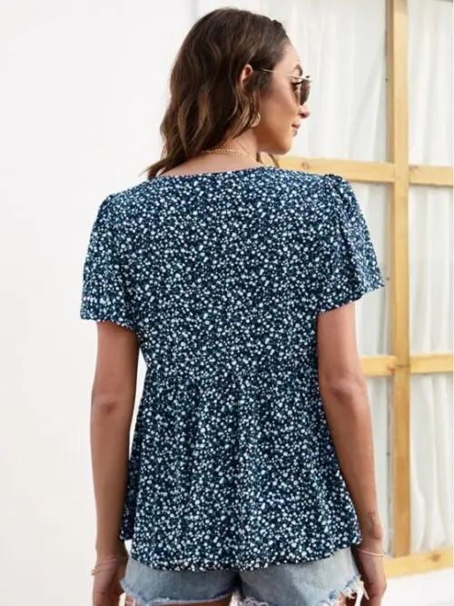 V-Neck Loose Pleated Print Casual Top