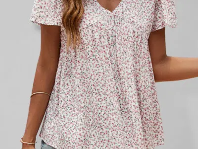 V-Neck Loose Pleated Print Casual Top