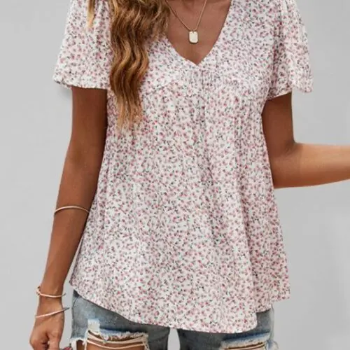 V-Neck Loose Pleated Print Casual Top