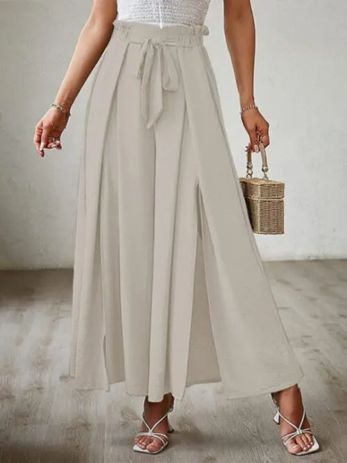 High Waist Bow-Tie Pleated Wide-Leg Pants with Belt