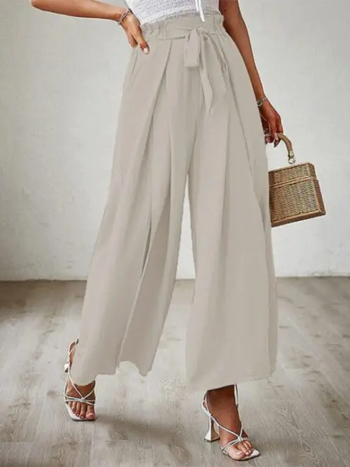 High Waist Bow-Tie Pleated Wide-Leg Pants with Belt