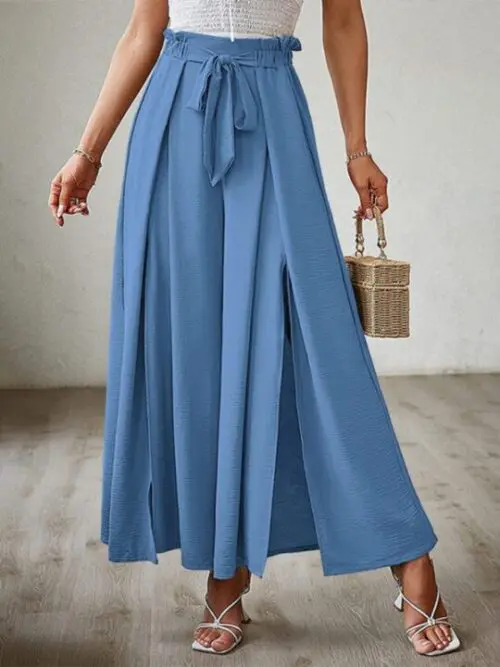 High Waist Bow-Tie Pleated Wide-Leg Pants with Belt