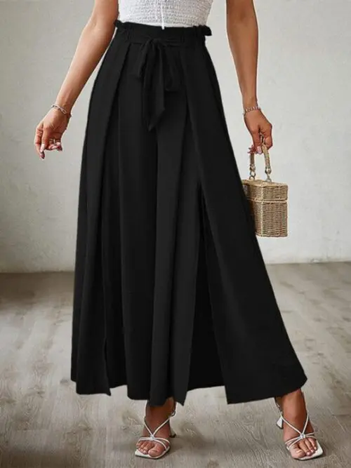 High Waist Bow-Tie Pleated Wide-Leg Pants with Belt