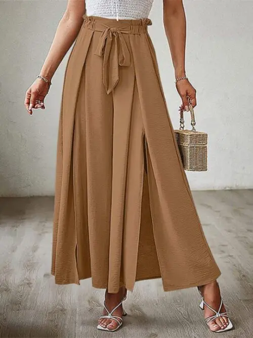 High Waist Bow-Tie Pleated Wide-Leg Pants with Belt