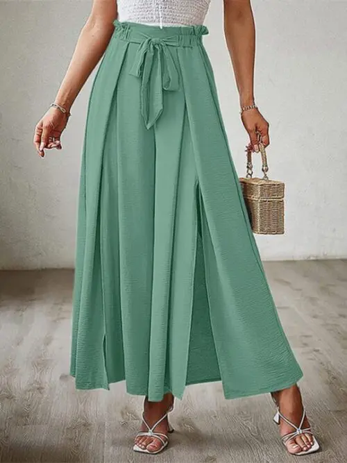 High Waist Bow-Tie Pleated Wide-Leg Pants with Belt