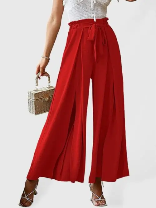 High Waist Bow-Tie Pleated Wide-Leg Pants with Belt